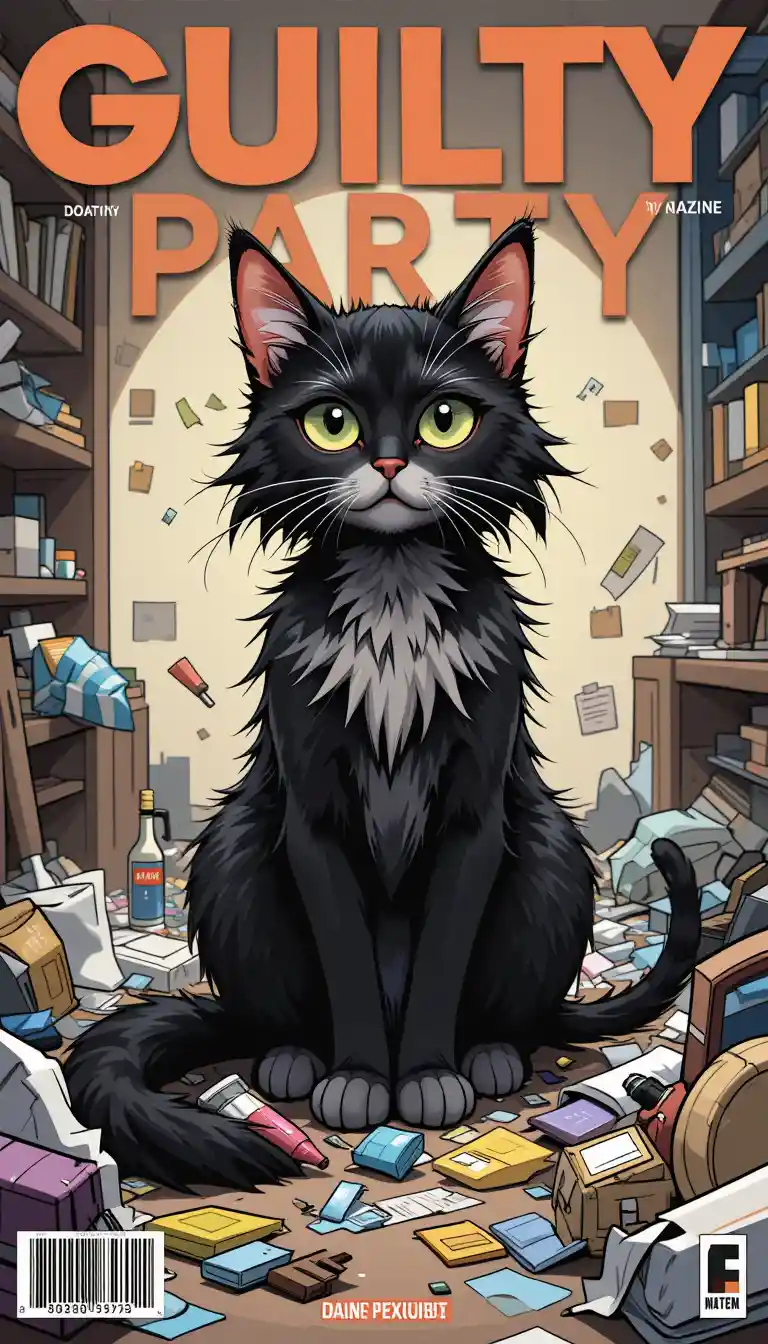 Cartoon long haired cat on messy guilty party magazine cover