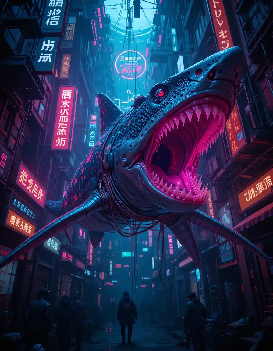 Cybernetic prehistoric shark hunting in underwater city