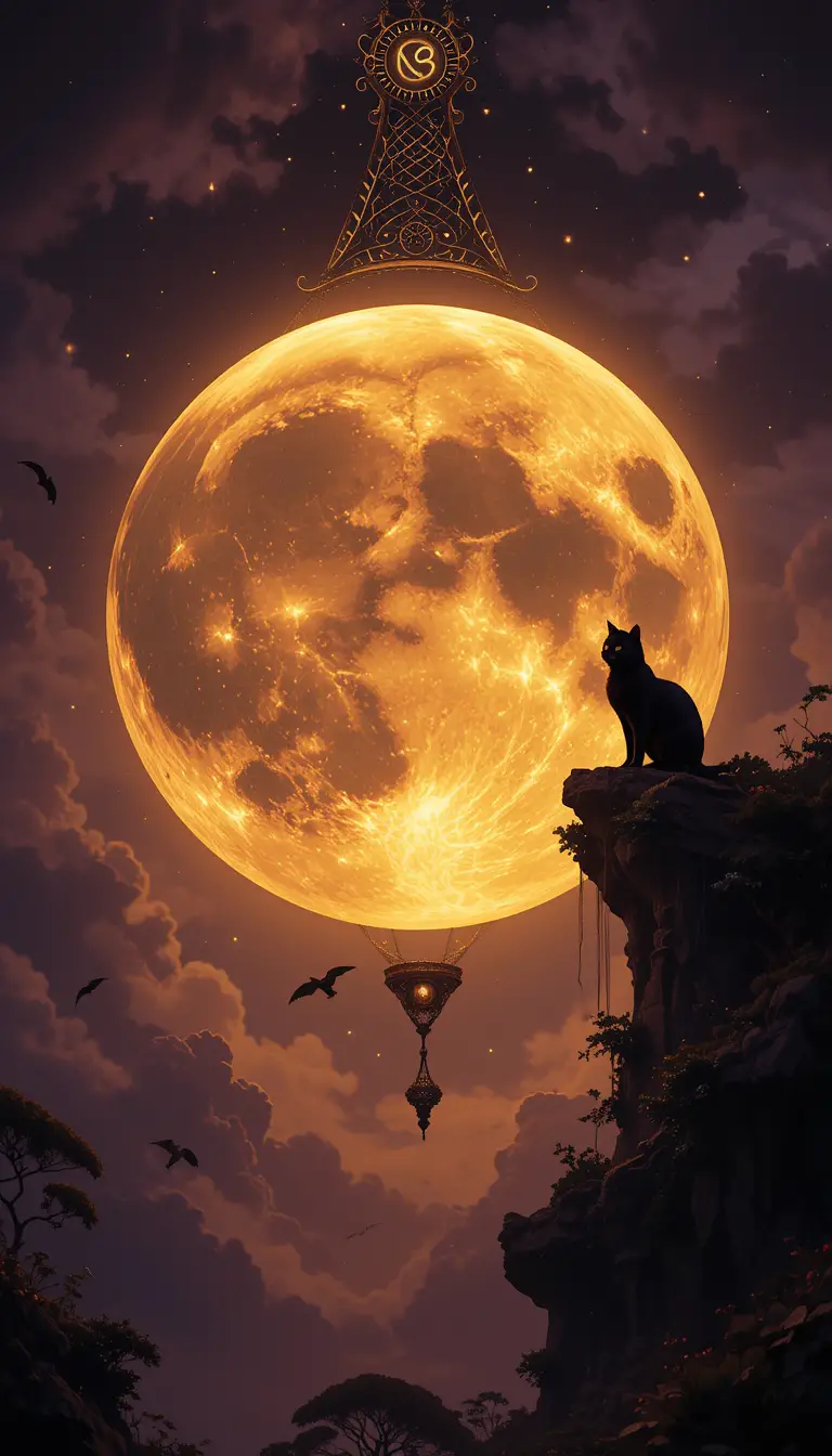 Mystical black cat beside a glowing full moon