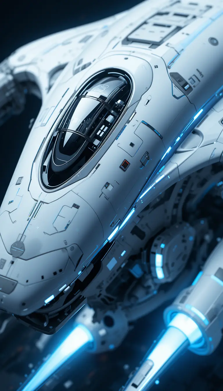 Manga starship close up with glowing blue cockpit