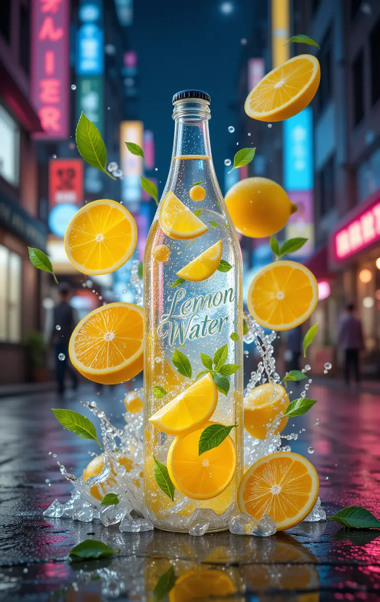 3d bottle of lemon water on neon city street