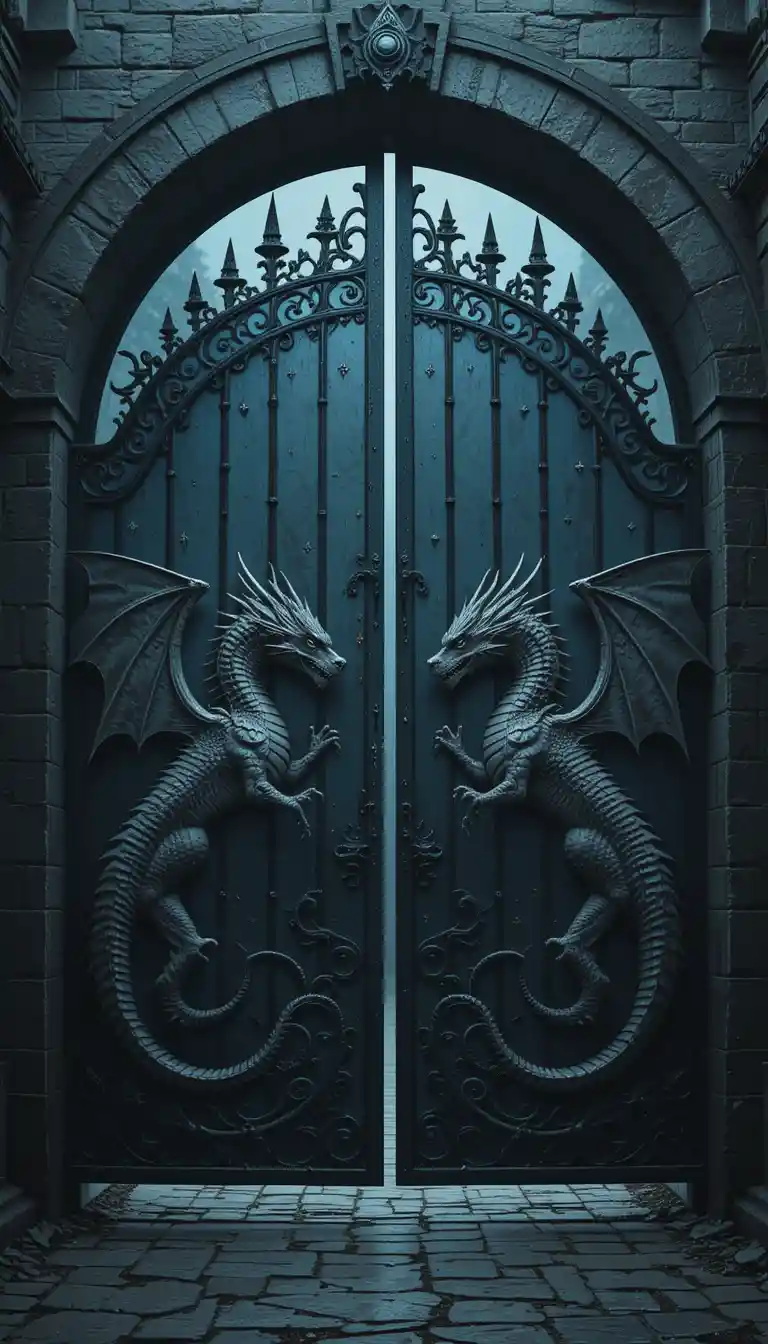Iron castle gates with facing dragon carvings in detail