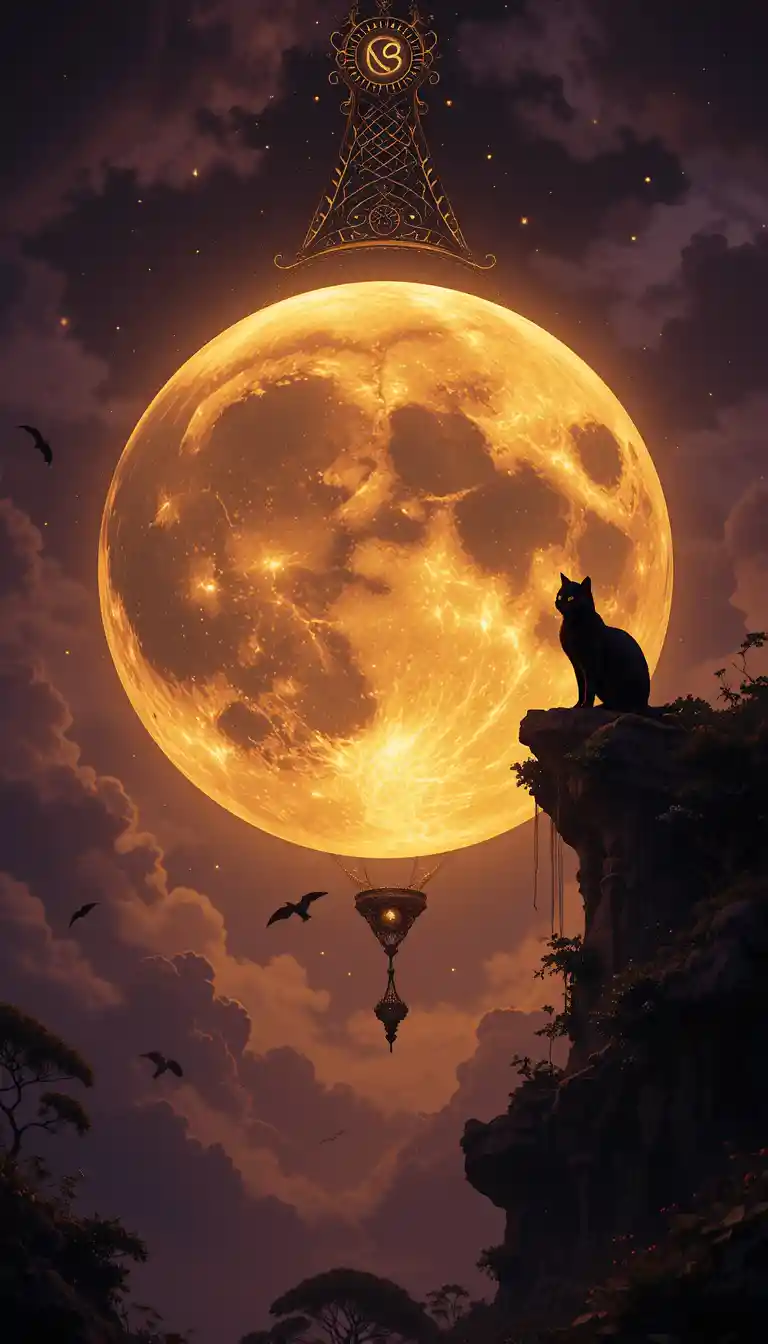 Mystical black cat beside a glowing full moon