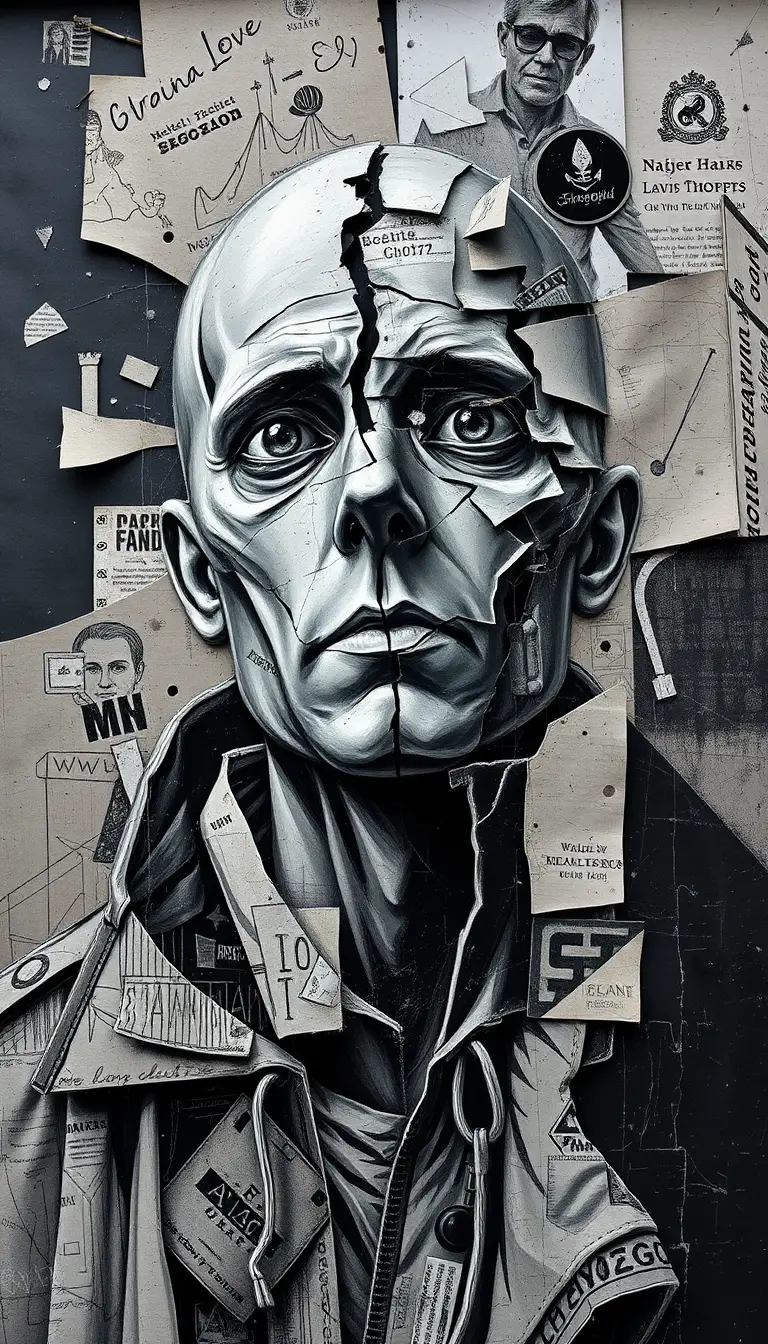 Abstract faceless outcast figure in fragmented collage