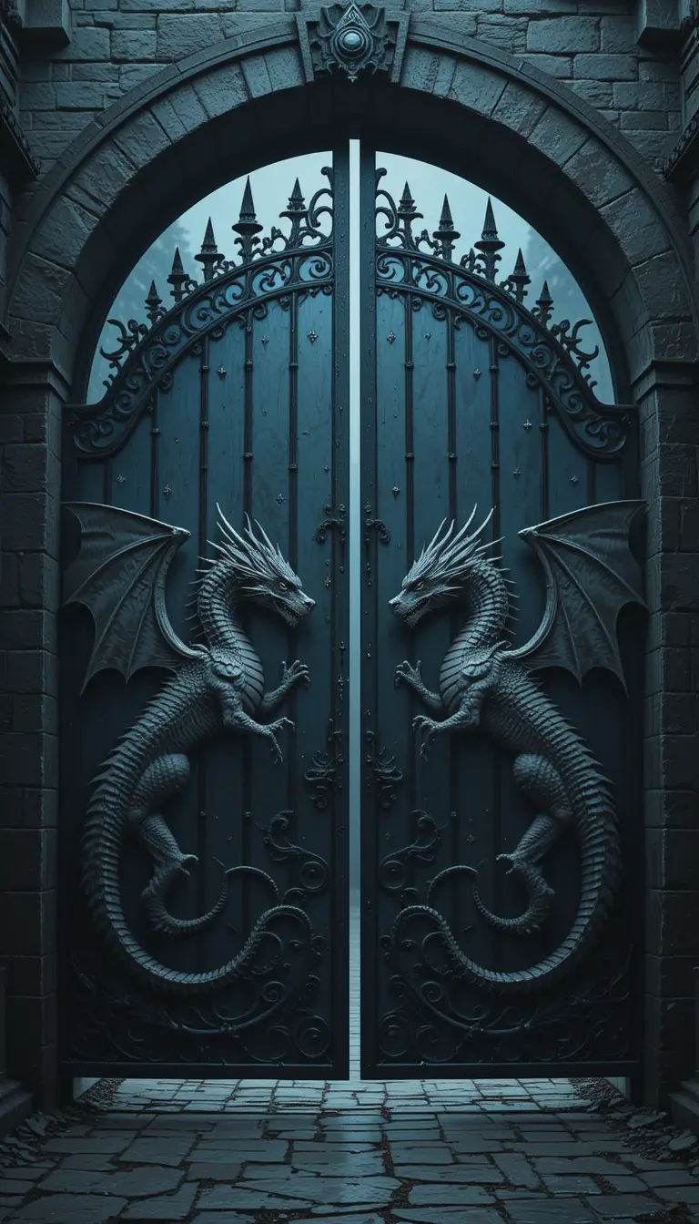 Iron castle gates with facing dragon carvings in detail