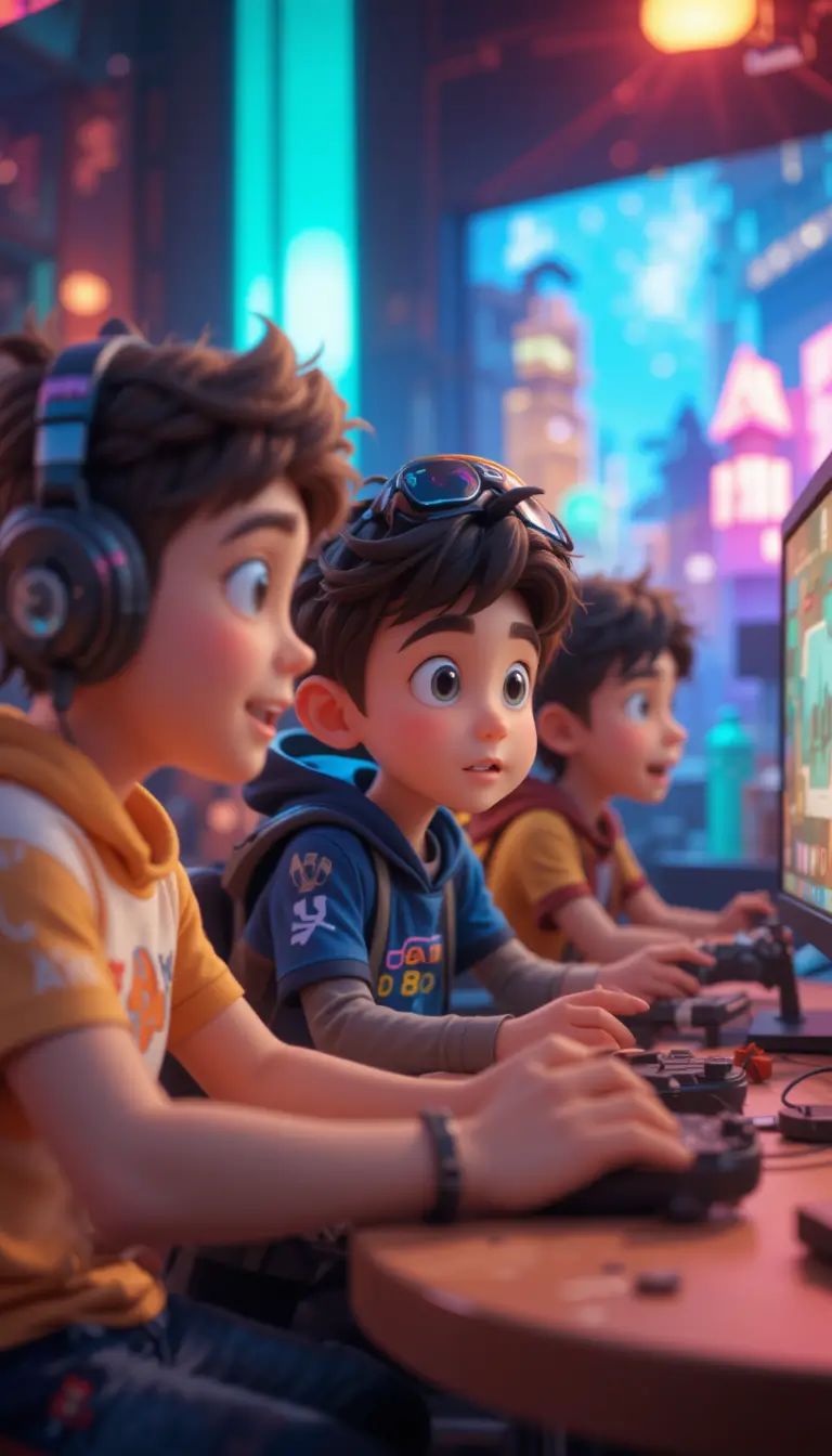 3d cartoon boy in gaming marathon with friends