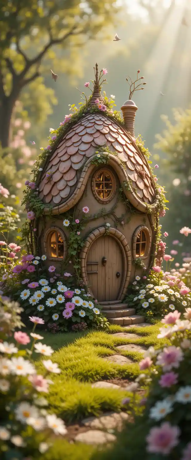 Whimsical organic fairy house in a lush flower garden