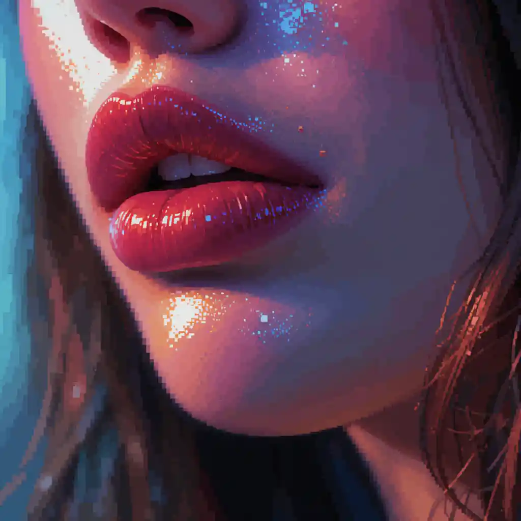Pixel art close up of glossy female lips and chin