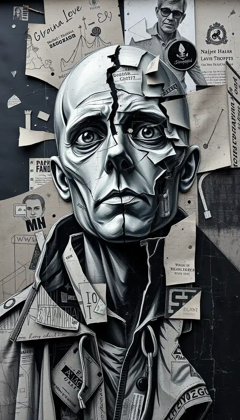 Figura astratta senza volto di emarginato in collage frammentato