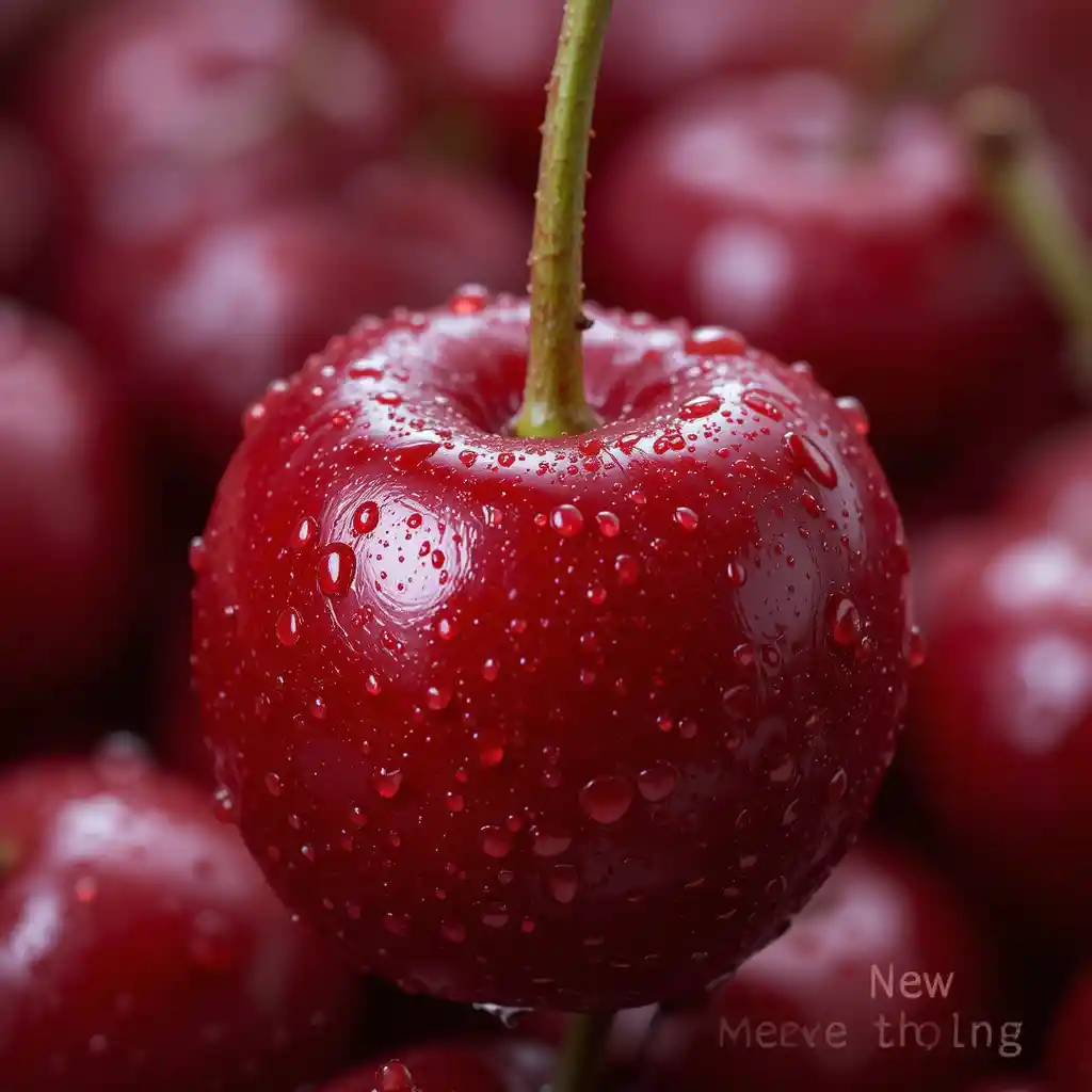 Close up of glossy red cherry with water droplets
