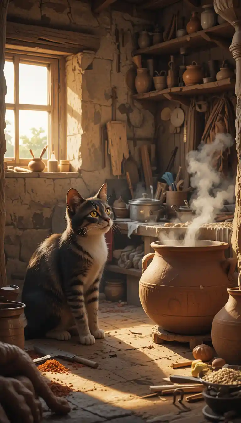 Cat Watching Elderly Woman Cooking In Rustic Village Kitchen