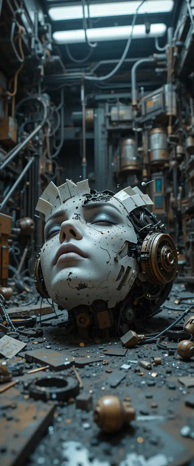 Broken steampunk robot head in a high tech repair bay