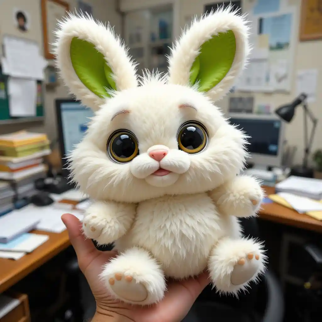 Cute plush rabbit toy holding a human hand