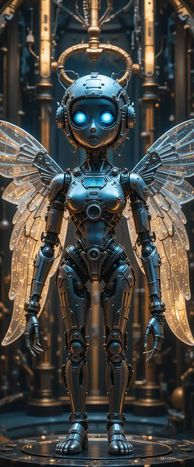 Mechanical angel doll in a futuristic cyberpunk city