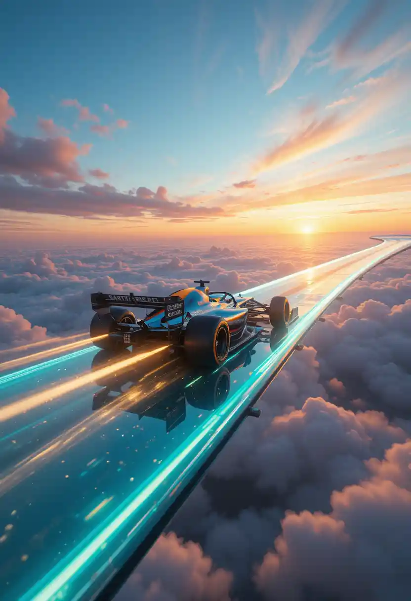 Futuristic Formula 1 Car Racing On Glass Sky Track