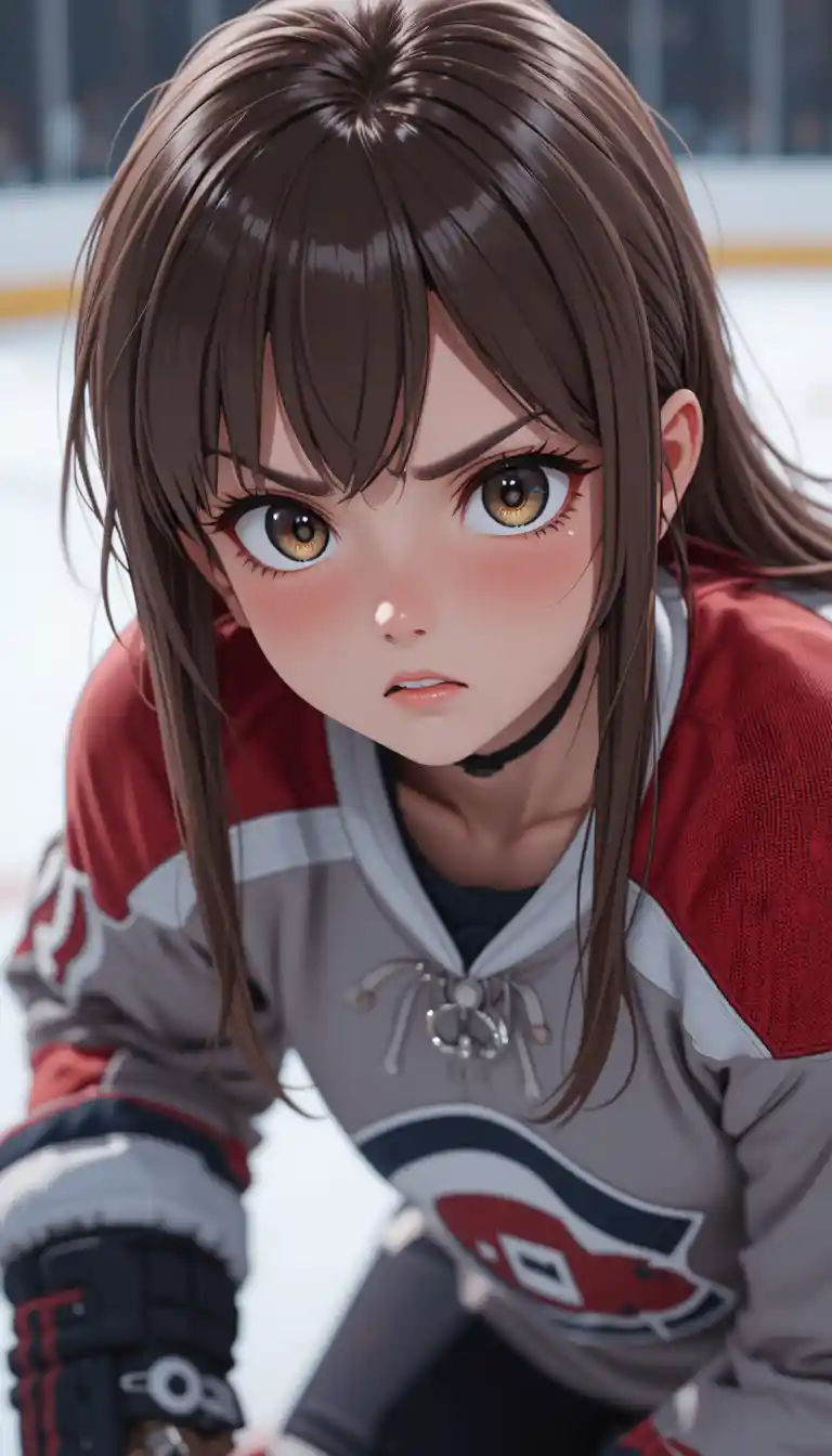 Süßes Anime-Mädchen bereitet nervös einen Hockey-Strafstoß vor