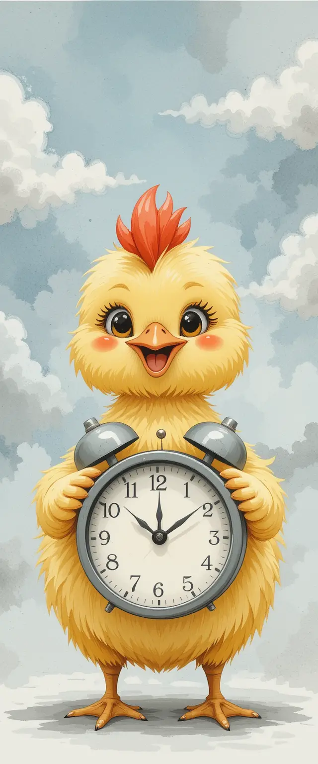Cute yellow duckling with vintage gray alarm clock illustration