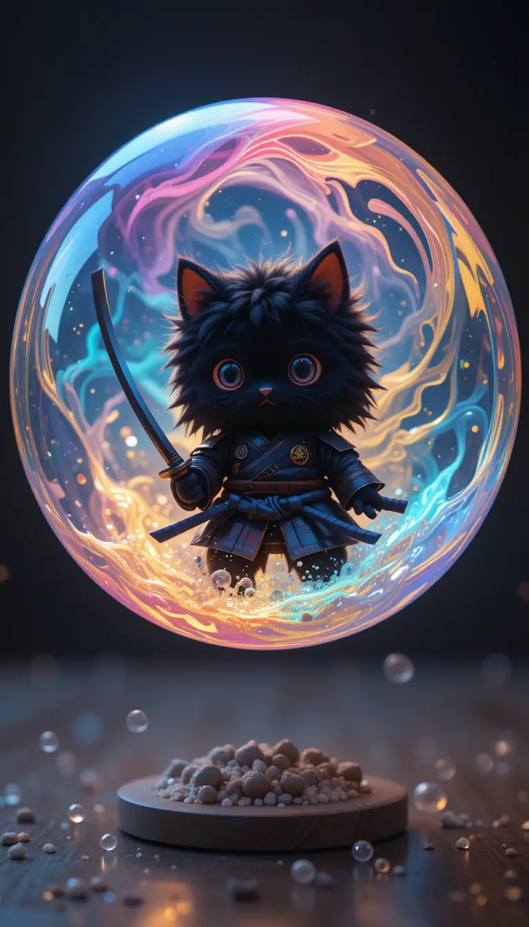 Cute black creature with sword in glowing liquid orb