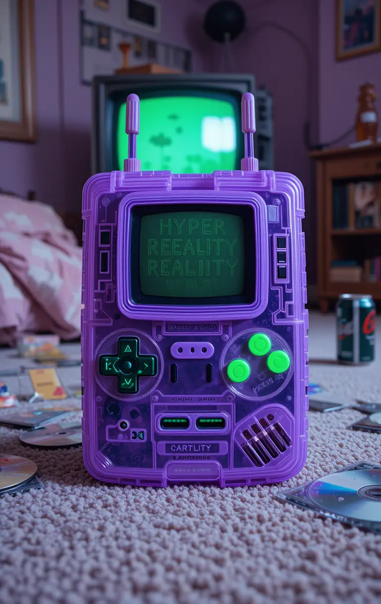 Retro purple handheld console on bedroom floor