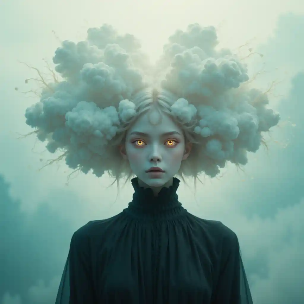 Ethereal woman with glowing orange eyes in teal haze