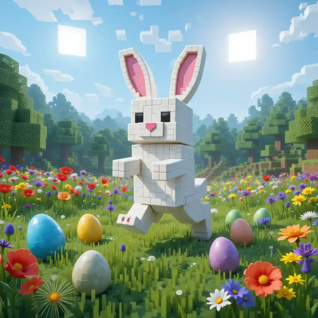 Minecraft style Easter rabbit leaping over grassy meadow