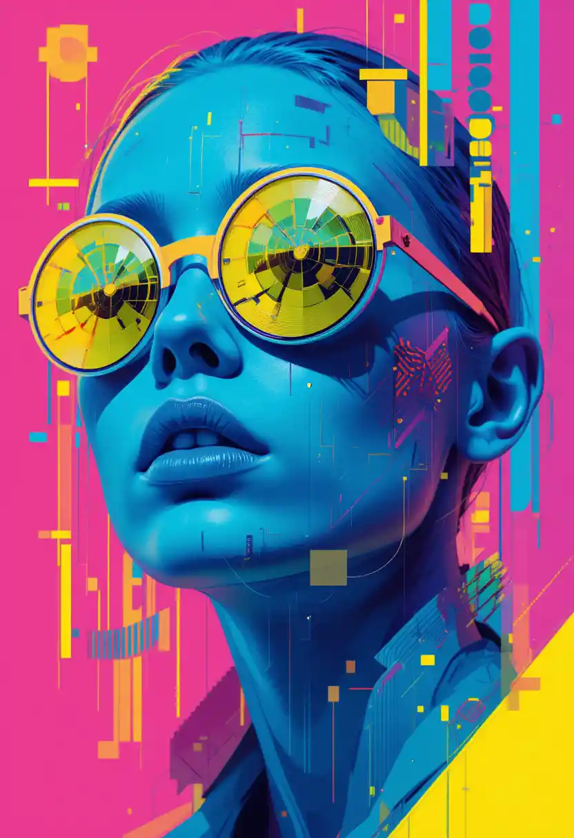 Futuristic abstract portrait with bold neon sunglasses