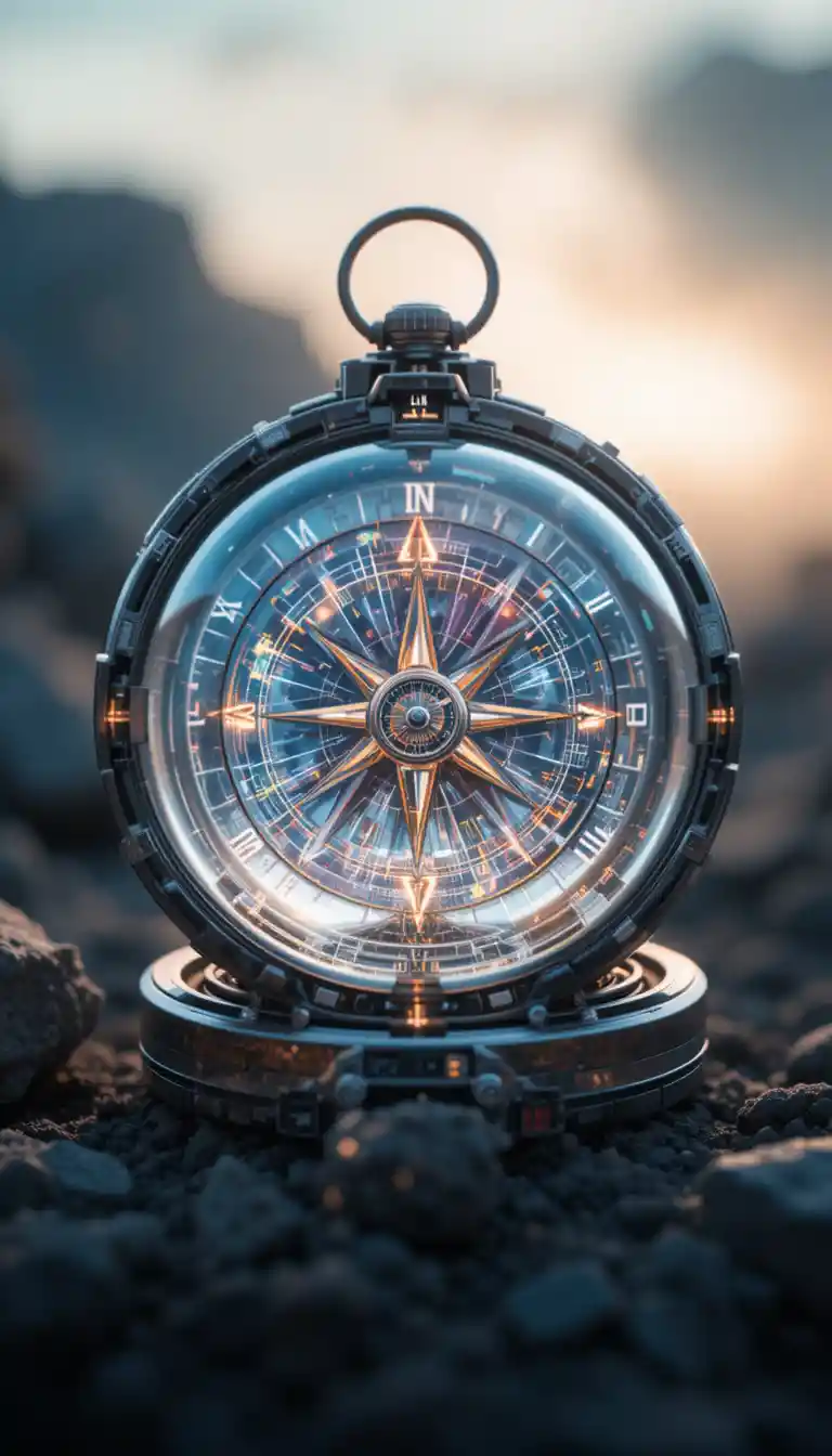 Futuristic crystal compass with glowing directional markings
