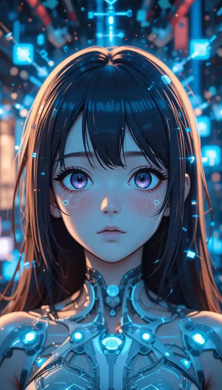 Anime woman linked to AI in glowing virtual data