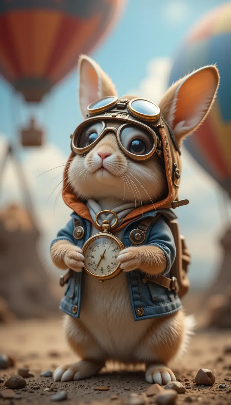 Curious little rabbit explorer with aviator cap