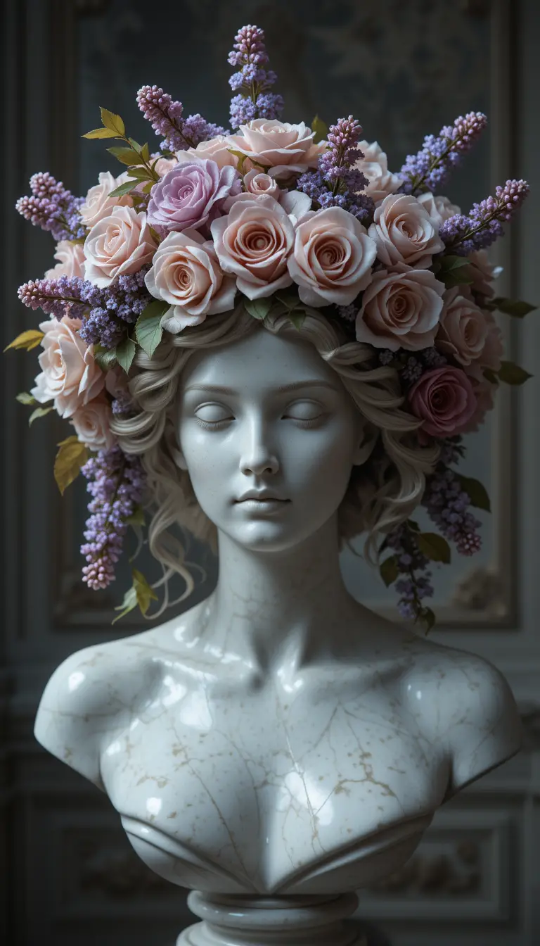 Floral crown draped over classical marble bust sculpture
