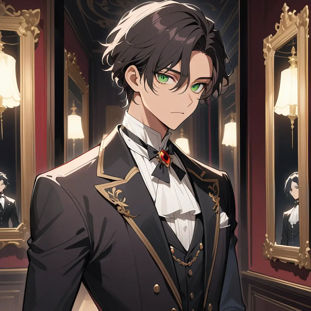 Young man in black suit in gothic aristocratic room