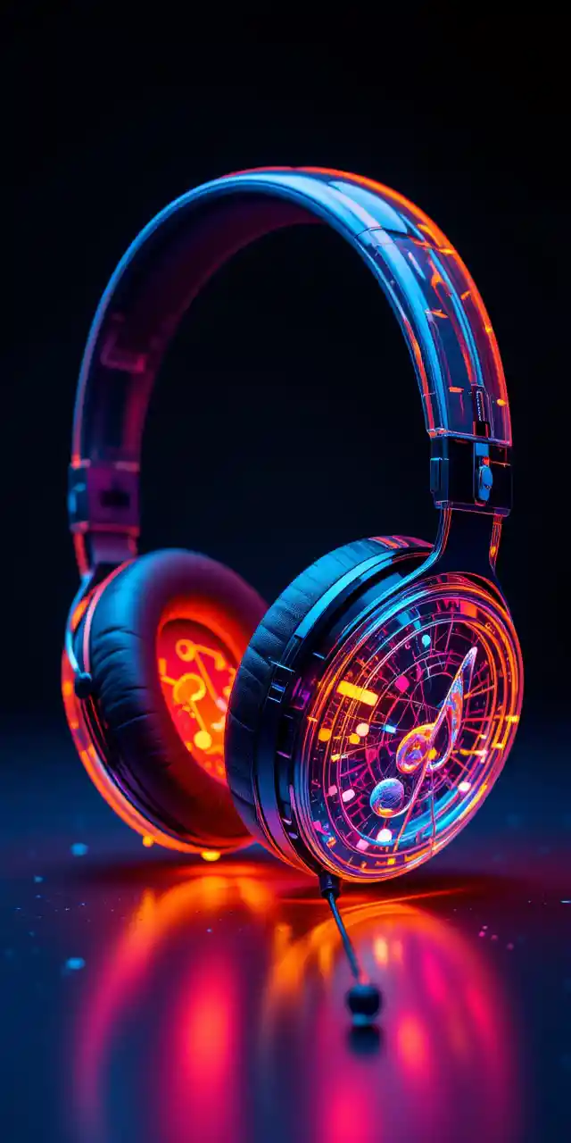 Colorful transparent headphones filled with music notes