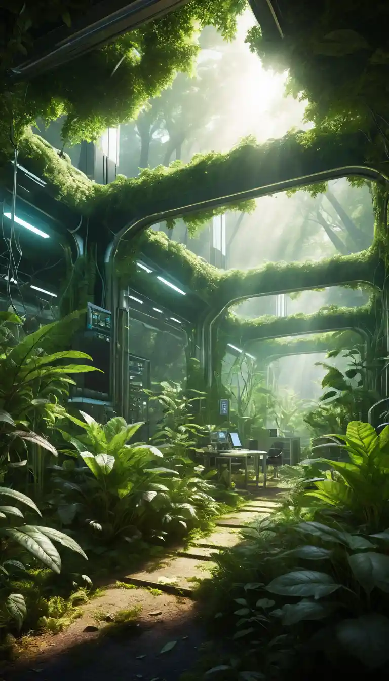 Sunlit forest leaves with futuristic science laboratory