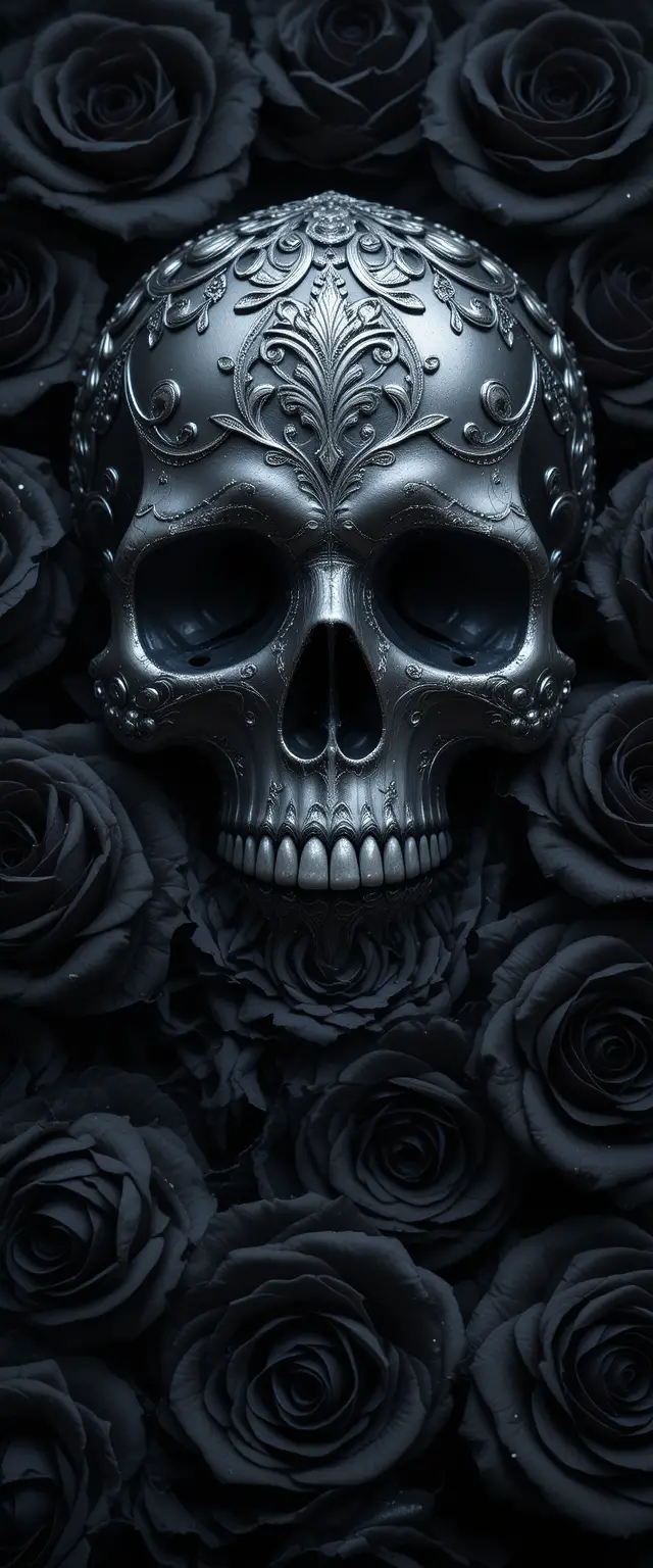 Silver detailed skull with dark black rose background