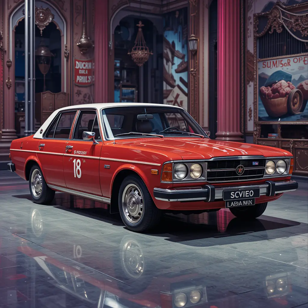 Classic soviet sedan in a glamorous luxury city scene