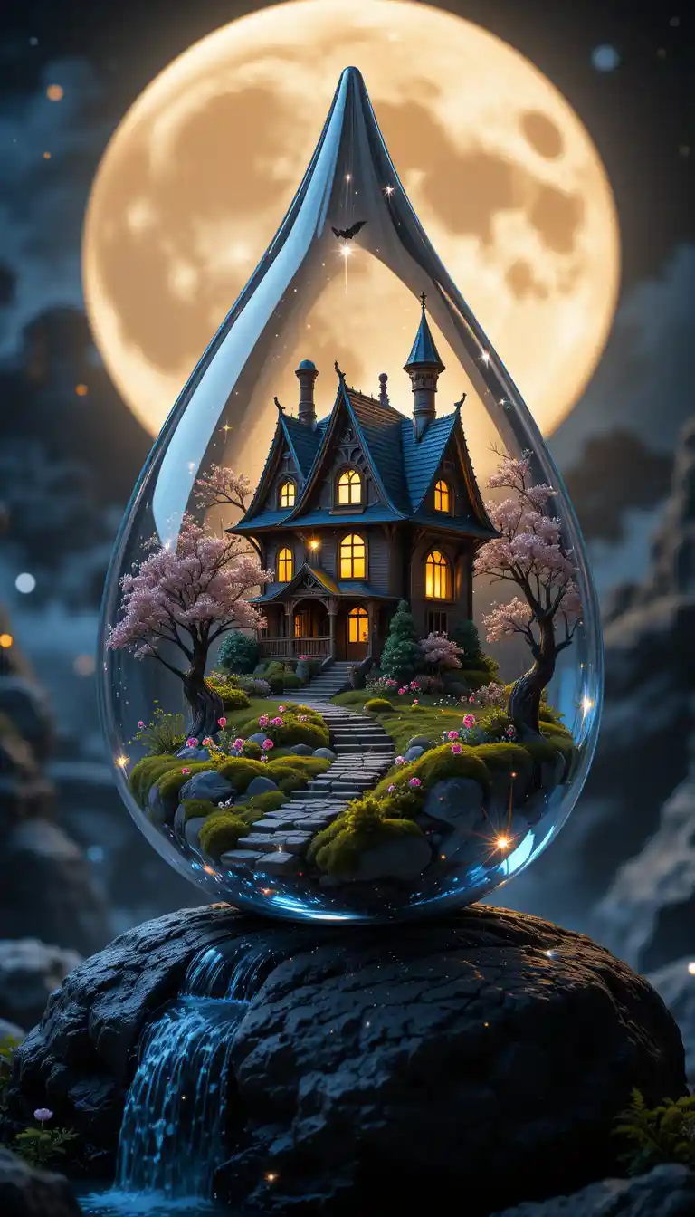 Tiny fantasy victorian house inside a water droplet