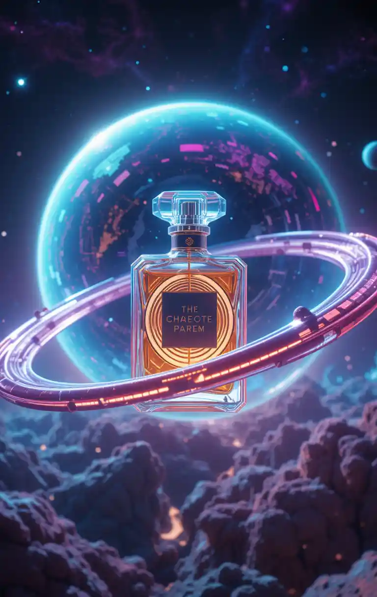 Retro futuristic perfume bottle orbiting a neon planet
