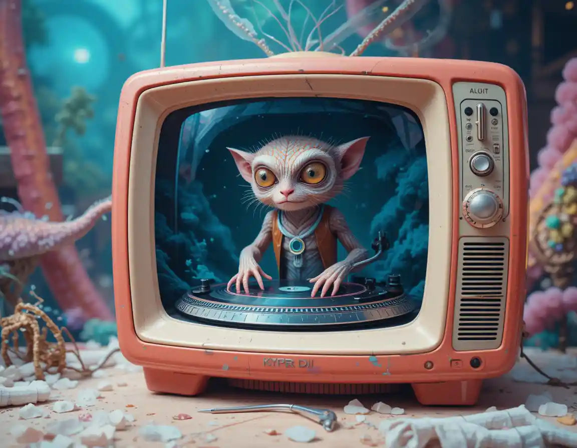 Surreal psychedelic tarsier monster djing inside retro crt tv