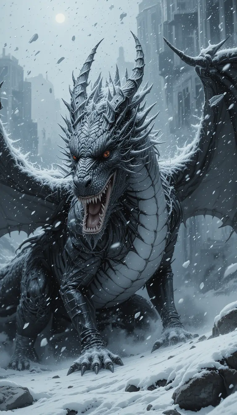 Dragon Emerging Through A Fierce Snowstorm In Monochrome Art