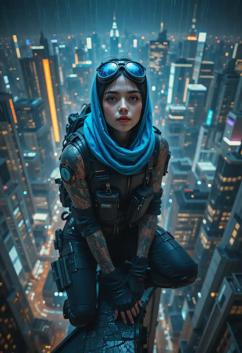 Cyberpunk woman warrior on a rainy city rooftop