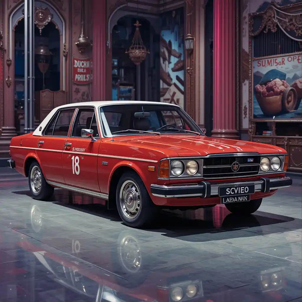 Classic soviet sedan in a glamorous luxury city scene