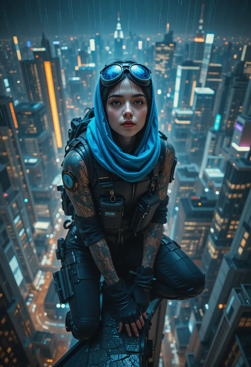 Cyberpunk woman warrior on a rainy city rooftop