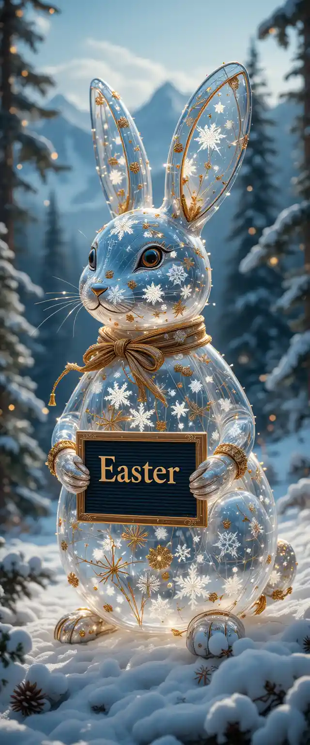 Transparent easter rabbit illustration in snowy winter landscape