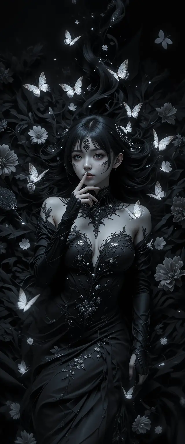 Anime woman in feathers touching her lips from above