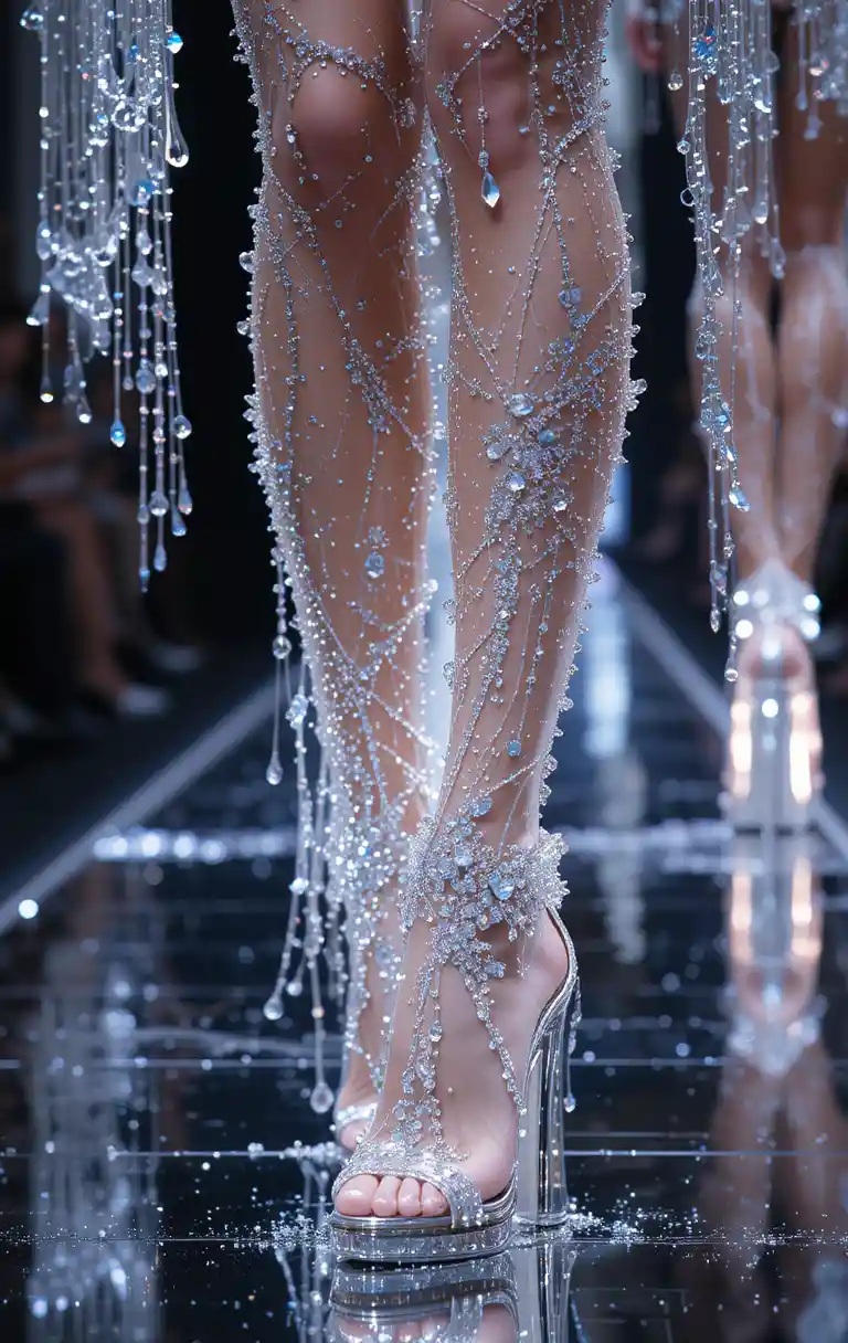 Runway model wearing shimmering crystal high heel shoes