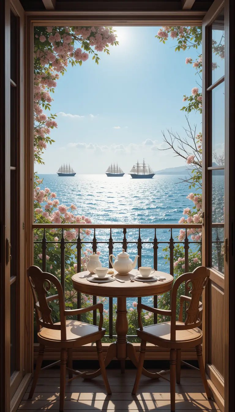 Cozy Balcony With Afternoon Tea Overlooking The Blue Sea