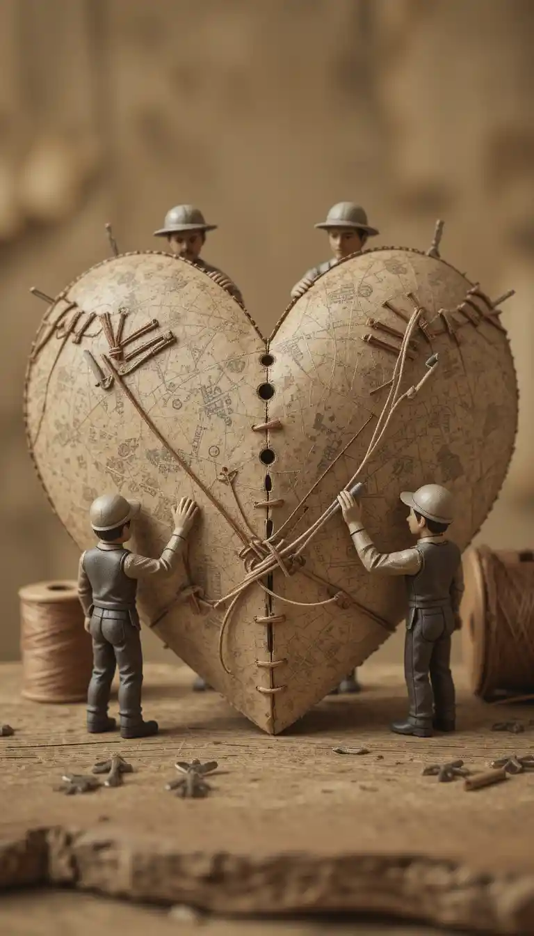 Miniaturarbeiter, die ein Papierherz zusammennähen