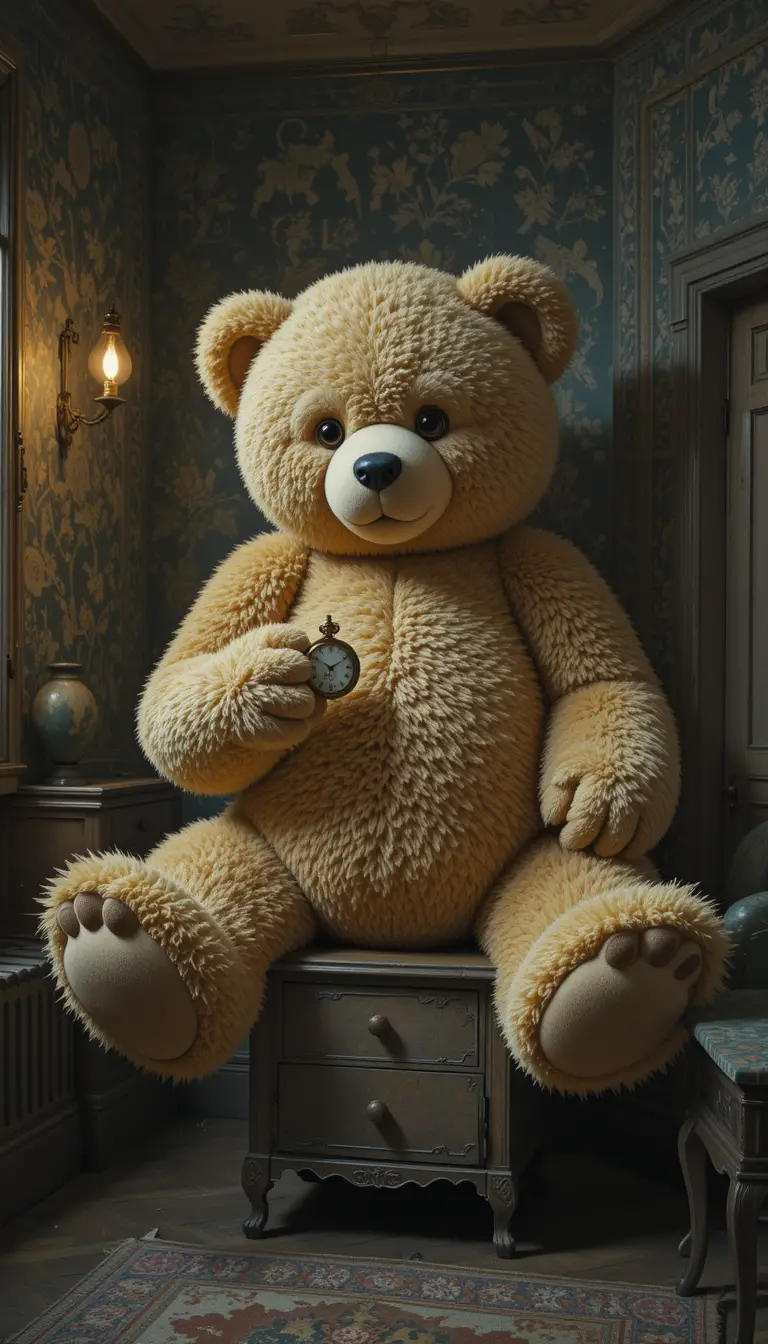 Giant teddy bear with pocket watch in surreal bedroom