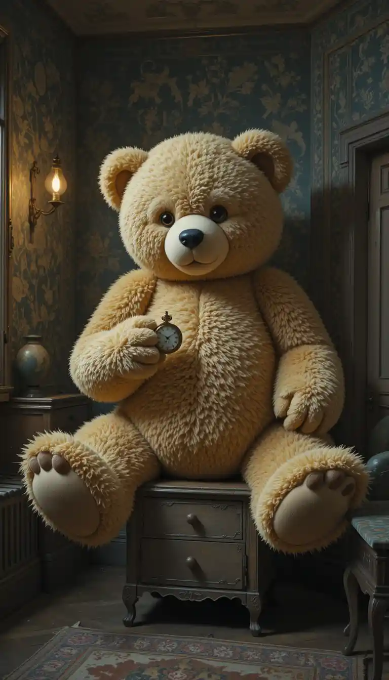 Giant teddy bear with pocket watch in surreal bedroom