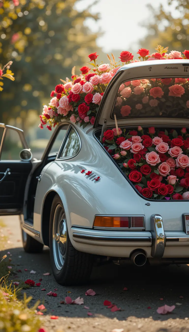 Vintage Porsche filled with roses in soft daylight